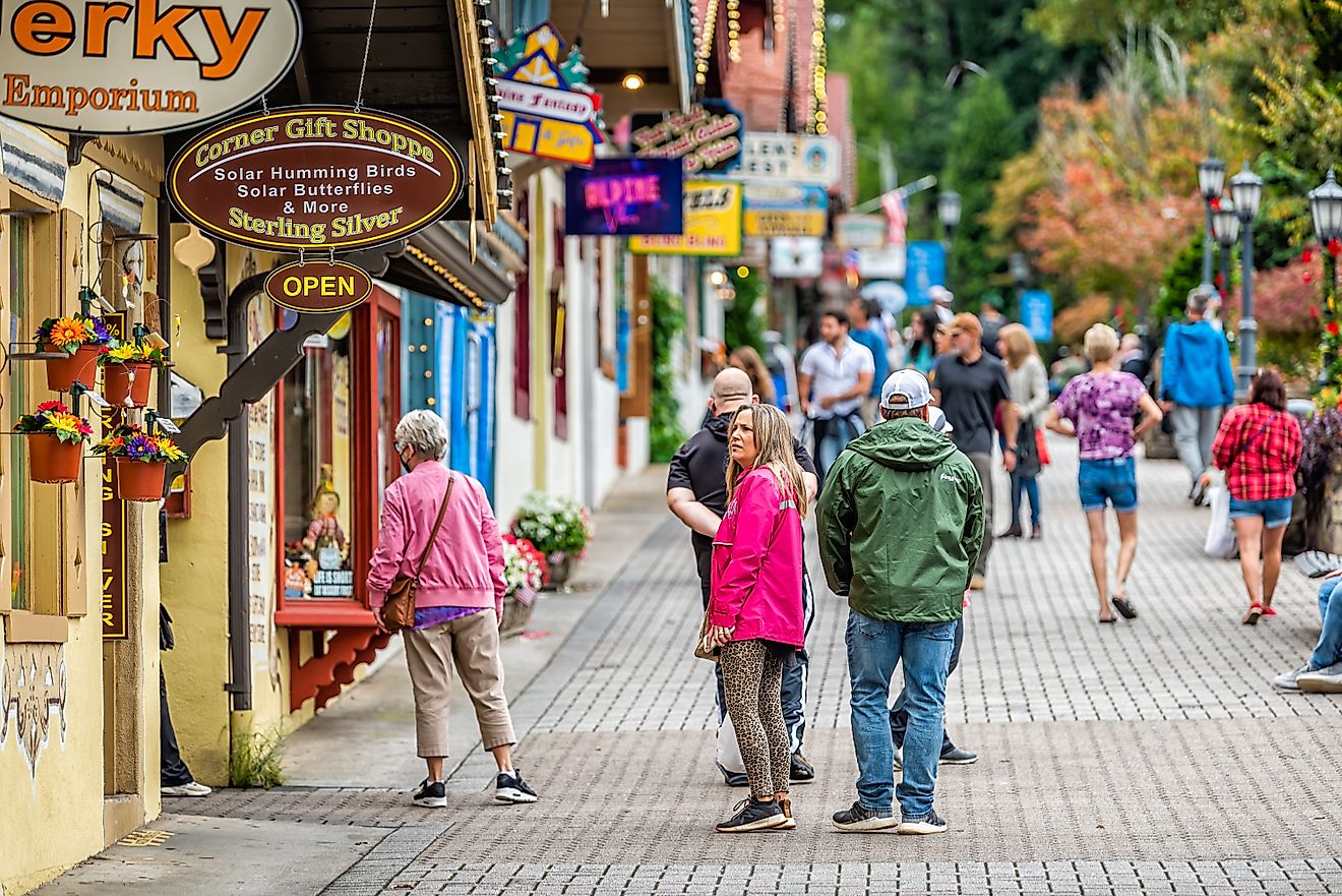 Colorful local businesses in Helen, Georgia. Editorial credit: Kristi Blokhin / Shutterstock.com.