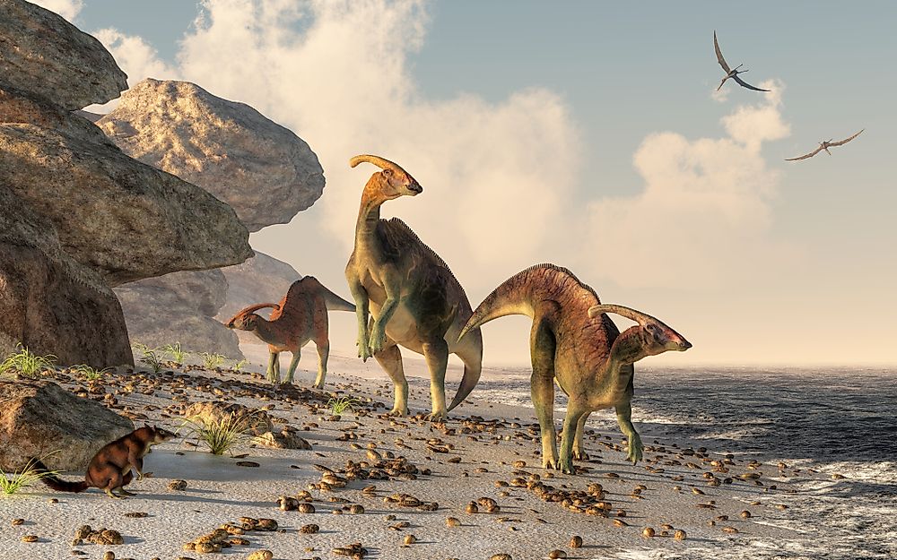 A 3D rendering of dinosaurs. 