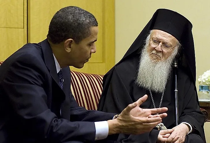 Bartholomew I, the current Archbishop and Patriarch of Constantinople, sitting and talking with U.S. President Barack Obama.