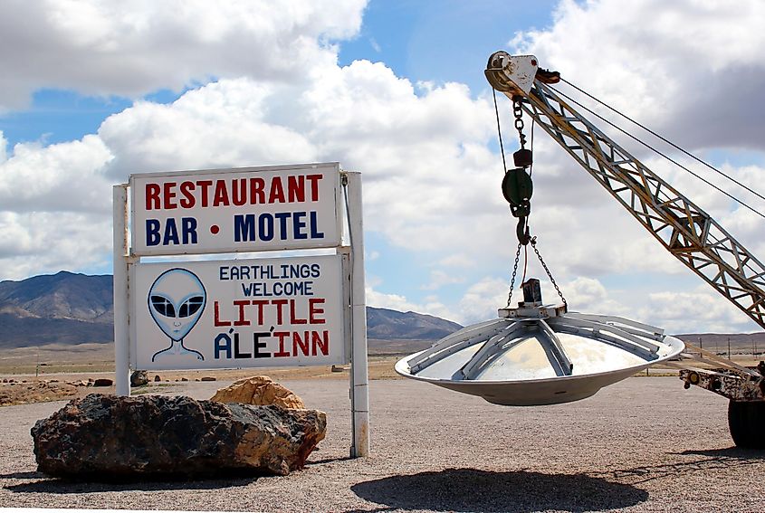Alien-themed restaurant and gift shop signboard near Area 51 in Rachel, Nevada.