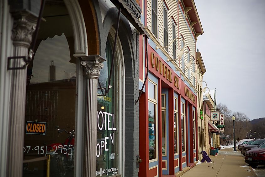 View of downtown buildings in Lanesboro, Minnesota.