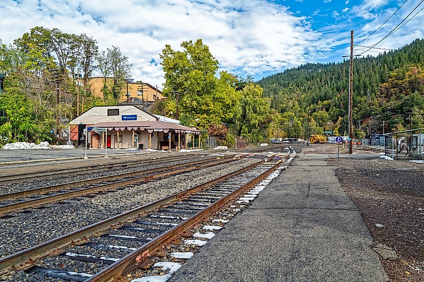 Railroad tracks approach the Amtrak train station in Dunsmuir, California.