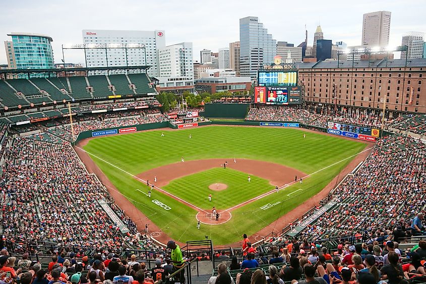 View of Oriole Park at Camden Yards during the game between the Boston Red Sox and the Baltimore Orioles. 