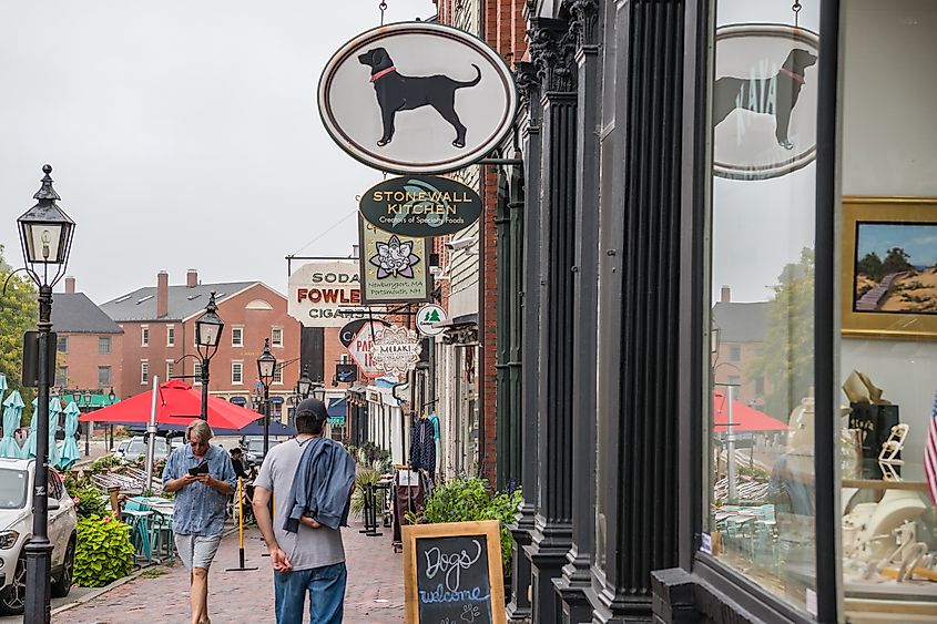 Local businesses in the thriving downtown area of Newburyport, Massachusetts.